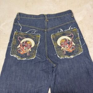Vintage Y2K Red Monkey Japanese Embroidered Denim Jeans Size 34x32 Baggy
